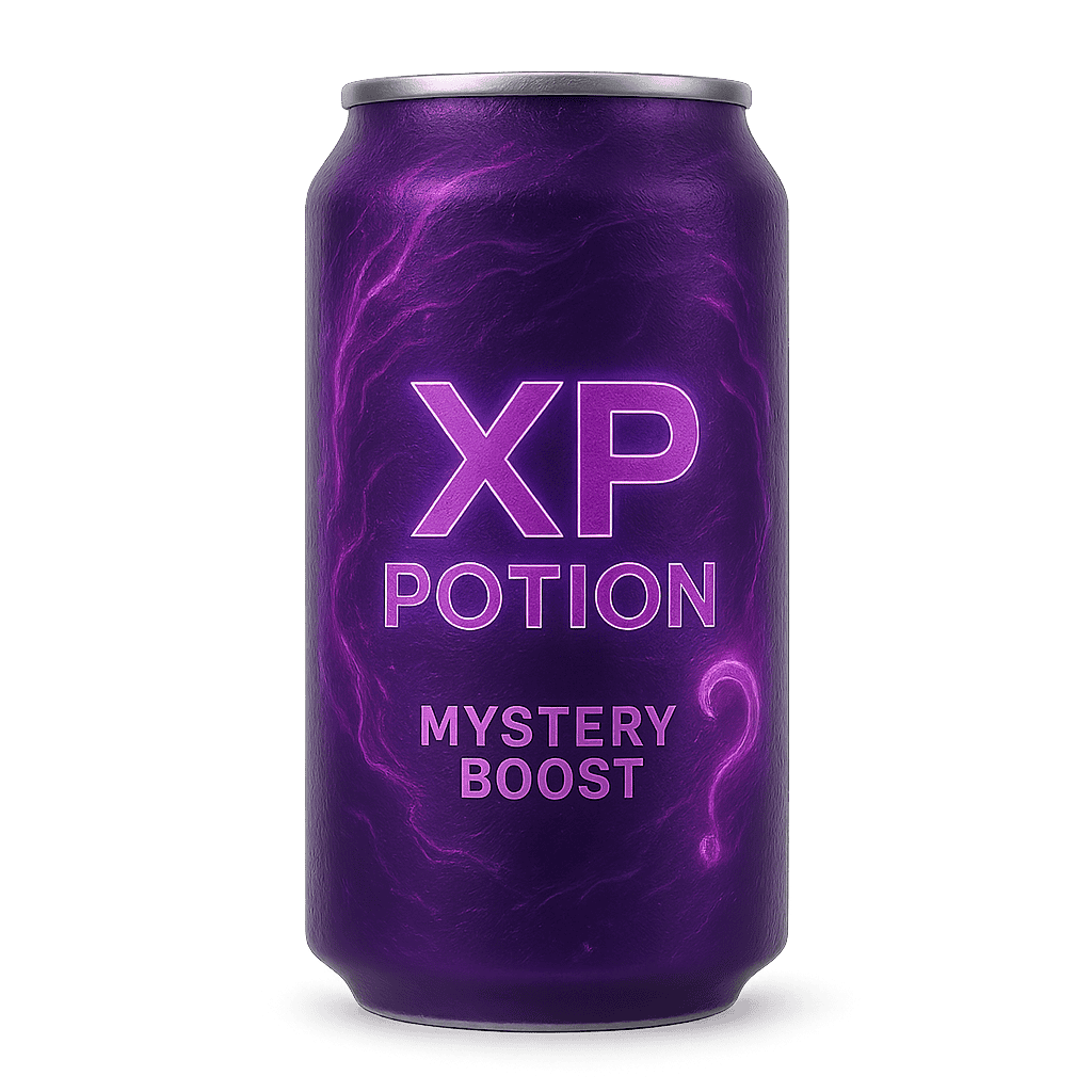 XP Potion Mystery Boost limited-edition gamer energy drink can with 160mg natural caffeine, L-theanine, and electrolytes — secret flavor undisclosed.