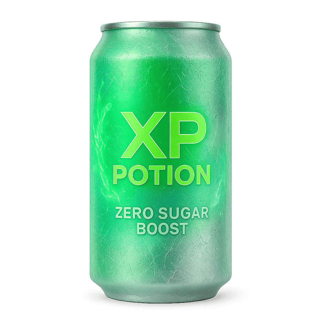 XP Potion Zero Sugar Boost gamer energy drink can in Glacier Lime flavor with 160mg natural caffeine, L-theanine, and electrolytes — sugar-free.