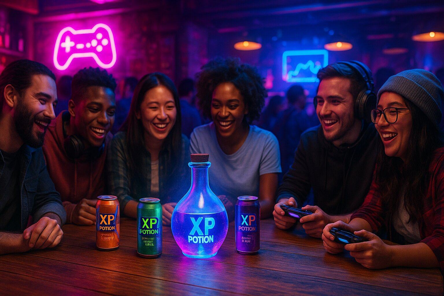Group of gamers enjoying XP Potion energy drinks at a gaming night with glowing potion bottle centerpiece