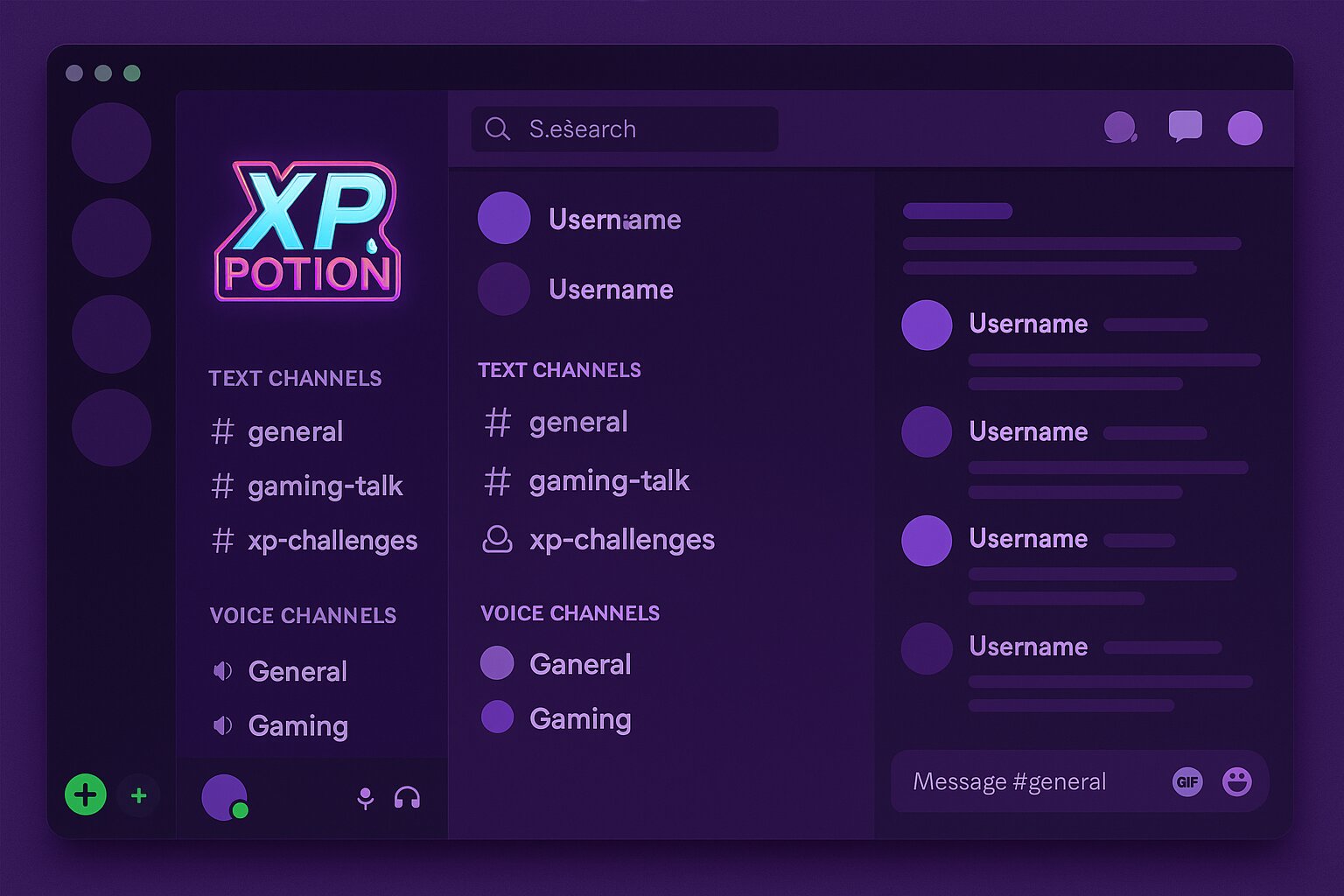 XP Potion Discord server interface showing gaming text and voice channels for community engagement