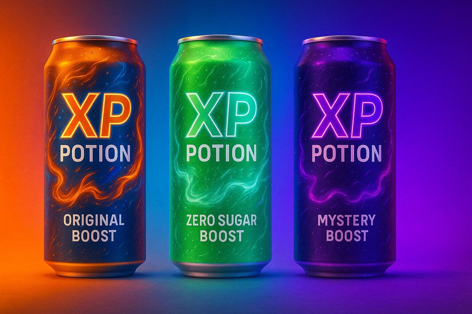 XP Potion energy drink cans: Original Boost, Zero Sugar Boost, and Mystery Boost with neon lighting