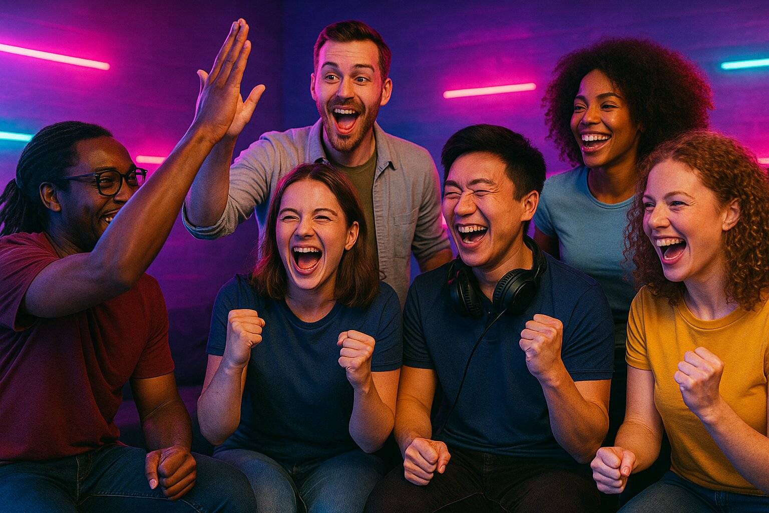Group of friends celebrating a gaming victory together with excitement and high-fives, representing the XP Potion community spirit