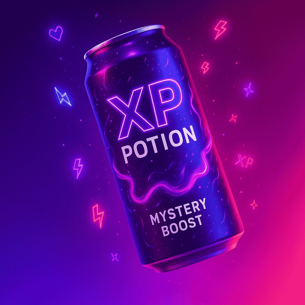 XP Potion Mystery Boost gamer energy drink can with glowing neon purple and pink design, surrounded by gaming icons