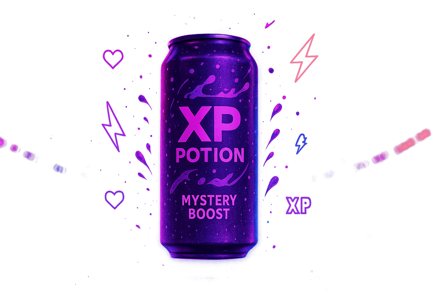 XP Potion Mystery Boost limited-edition gamer energy drink can in neon purple design with glowing gaming icons