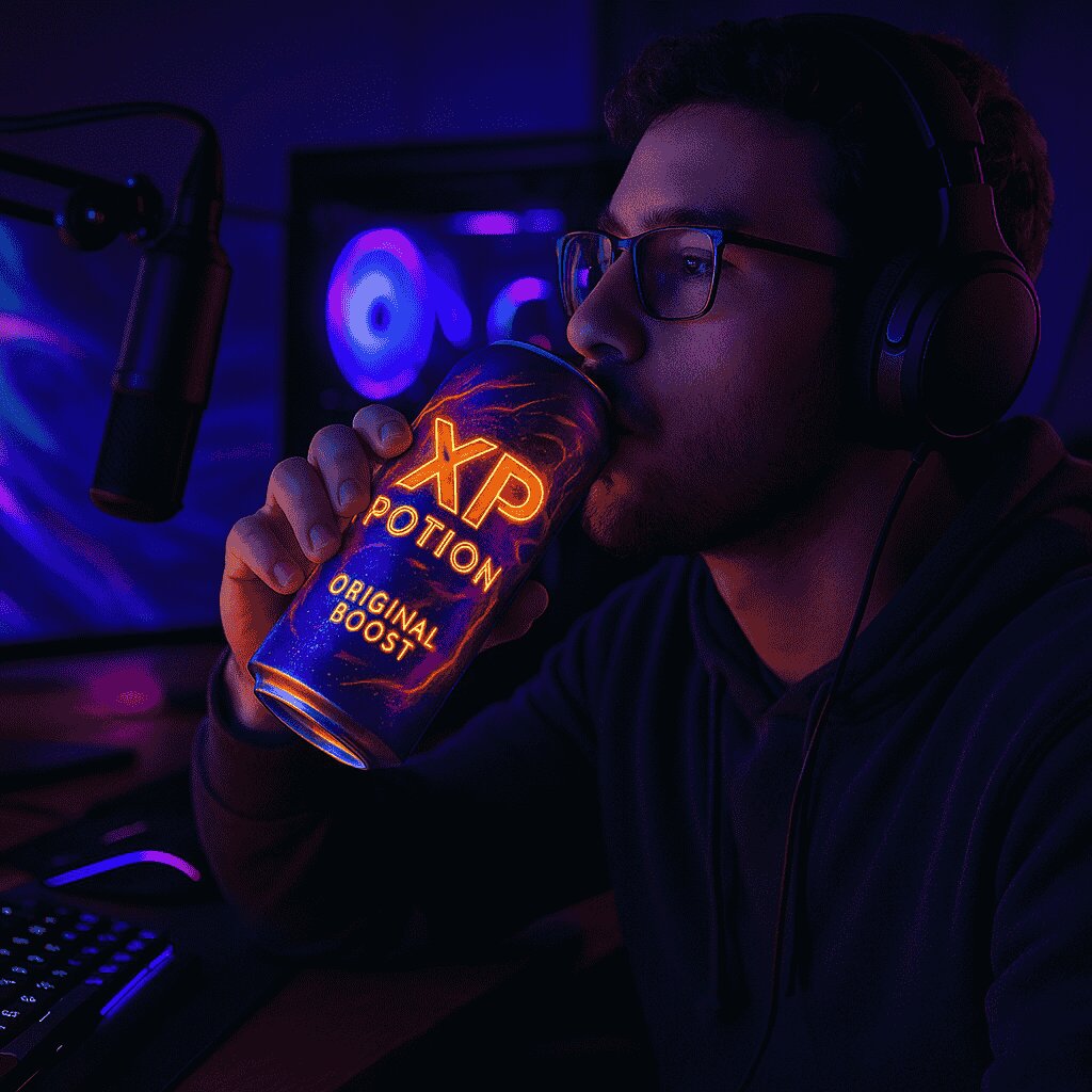 Gamer wearing headset drinking XP Potion Original Boost energy drink at a gaming setup with RGB lighting.