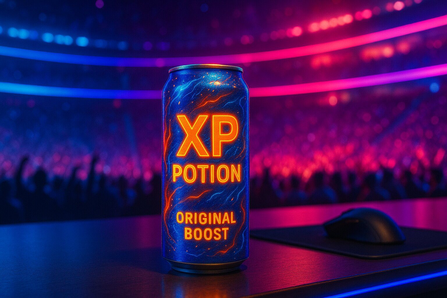 XP Potion Original Boost energy drink can displayed on a gaming desk with an esports arena crowd glowing in the background