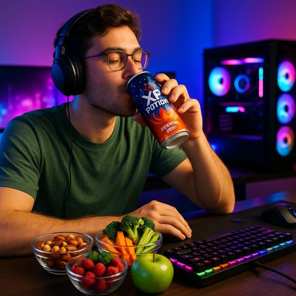 Gamer drinking XP Potion at desk surrounded by healthy snacks and RGB setup
