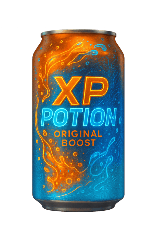 XP Potion Original Boost energy drink can in citrus-berry fusion flavor, designed for gamers with 160mg natural caffeine, L-theanine, and electrolytes.