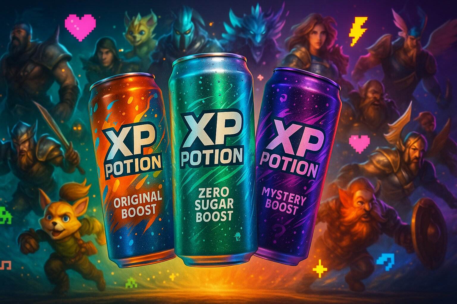 XP Potion energy drink lineup featuring Original Boost, Zero Sugar Boost, and Mystery Boost cans with fantasy-inspired gaming artwork in the background